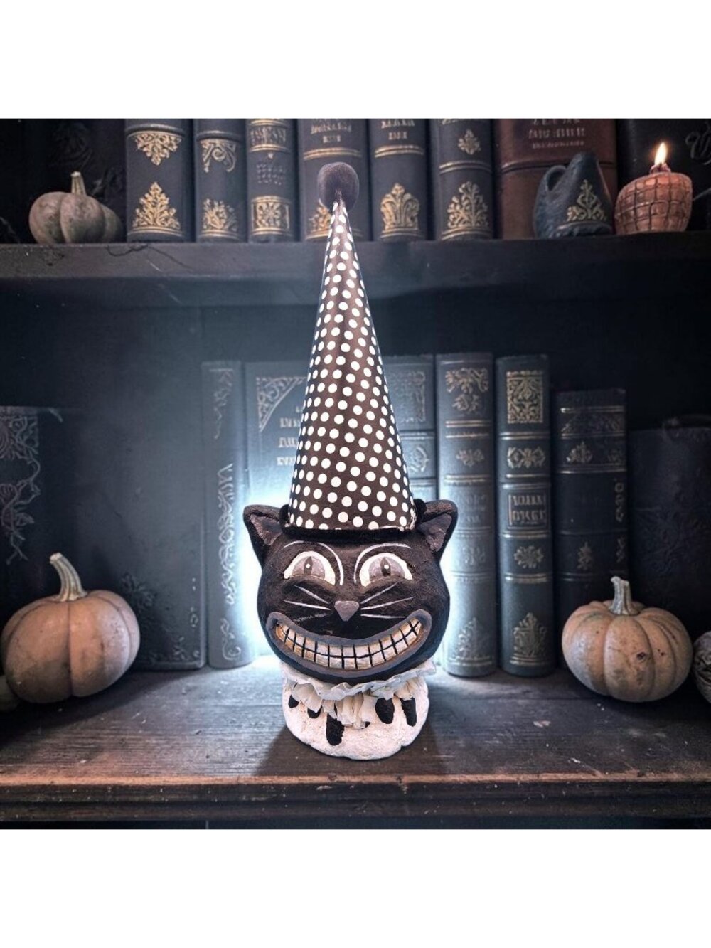Halloween Black Cat Striped Party Hat Black White Pom Pom Paper Mache Style
